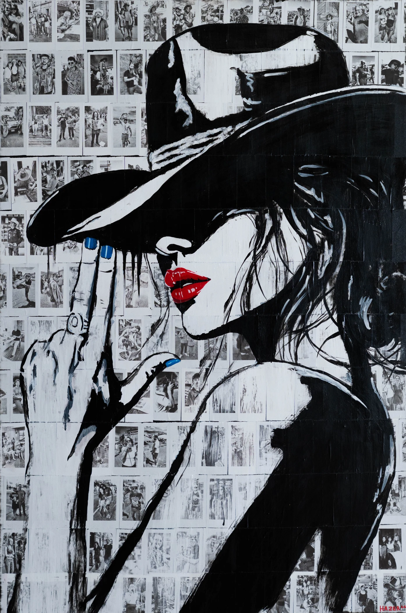Detail of Nobody's Darling, with a black hat, blue nails, and red lips against a collage background.