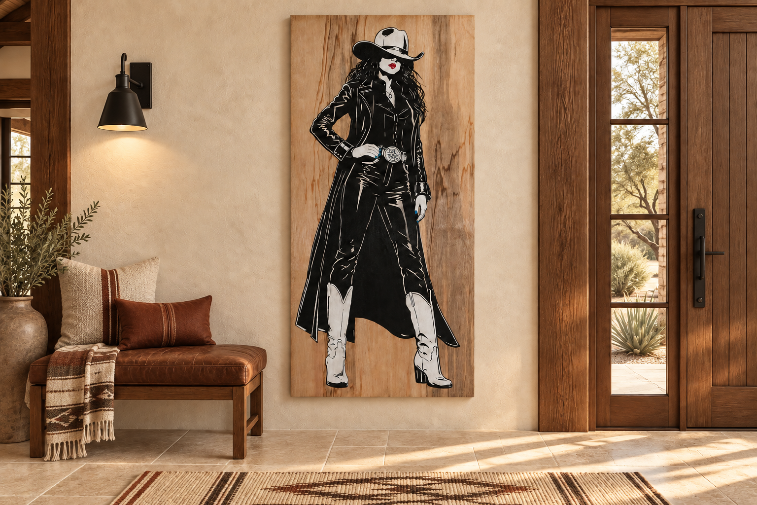 Room visualization of Never Needed Keeping displayed unframed in a warm Western home with saddle leather, natural timber, and cream plaster.